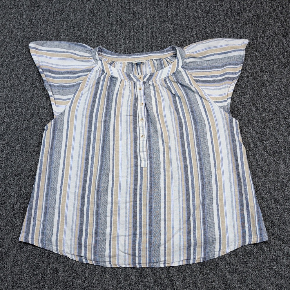 Yarn & Sea Coastal Linen Blend Striped Henley Flutter Sleeve Top XL Blue Tan